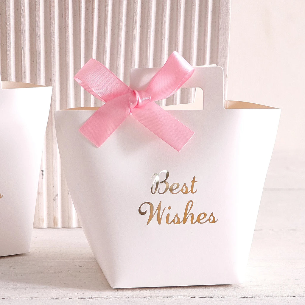 A Set of 5 Exquisite Mini Gift Boxes, Designed for Weddings, Decorated with Gold-Stamped "Best Wishes" and Ribbon Bows. Elegant and Refined, It Is the Perfect Choice for Weddings, Anniversaries, and Various Special Occasions. Qme