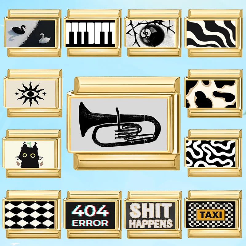 Gold Color Retro Black Trumpet Zebra Cow Piano Italian Charm Link Fit 9mm Stainless Steel Bracelet Women Jewelry DIY Making Gift Qme