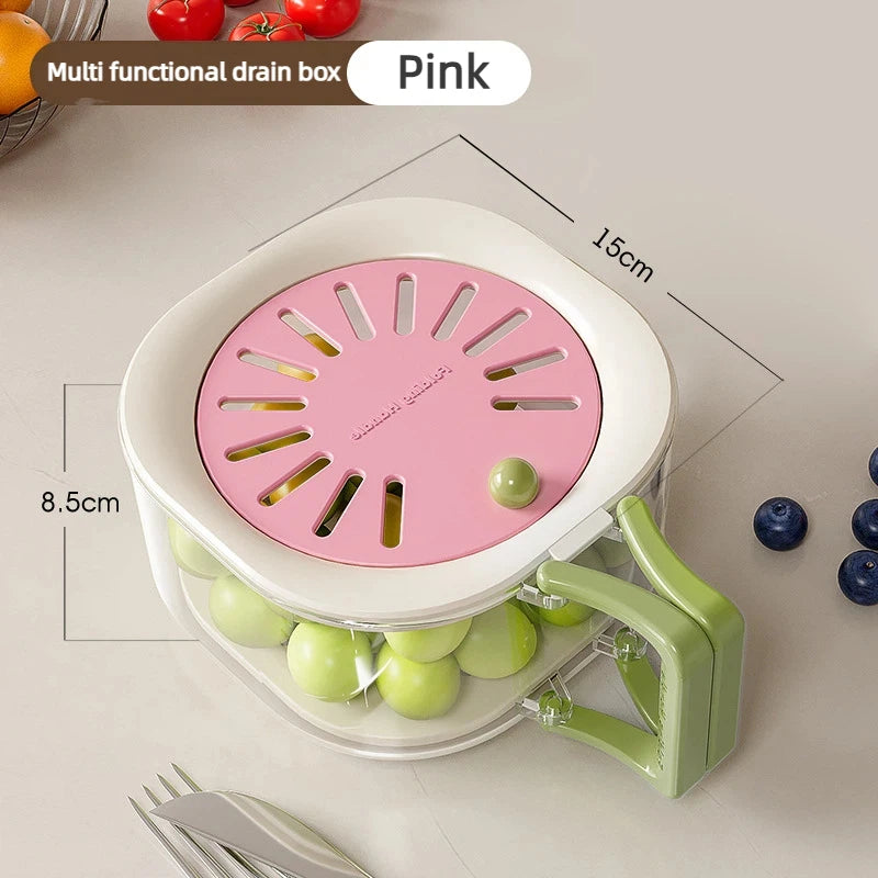 2-in-1 Vegetable Washing Basin Home Double-layer Fruit Lid Drain Qme Pink