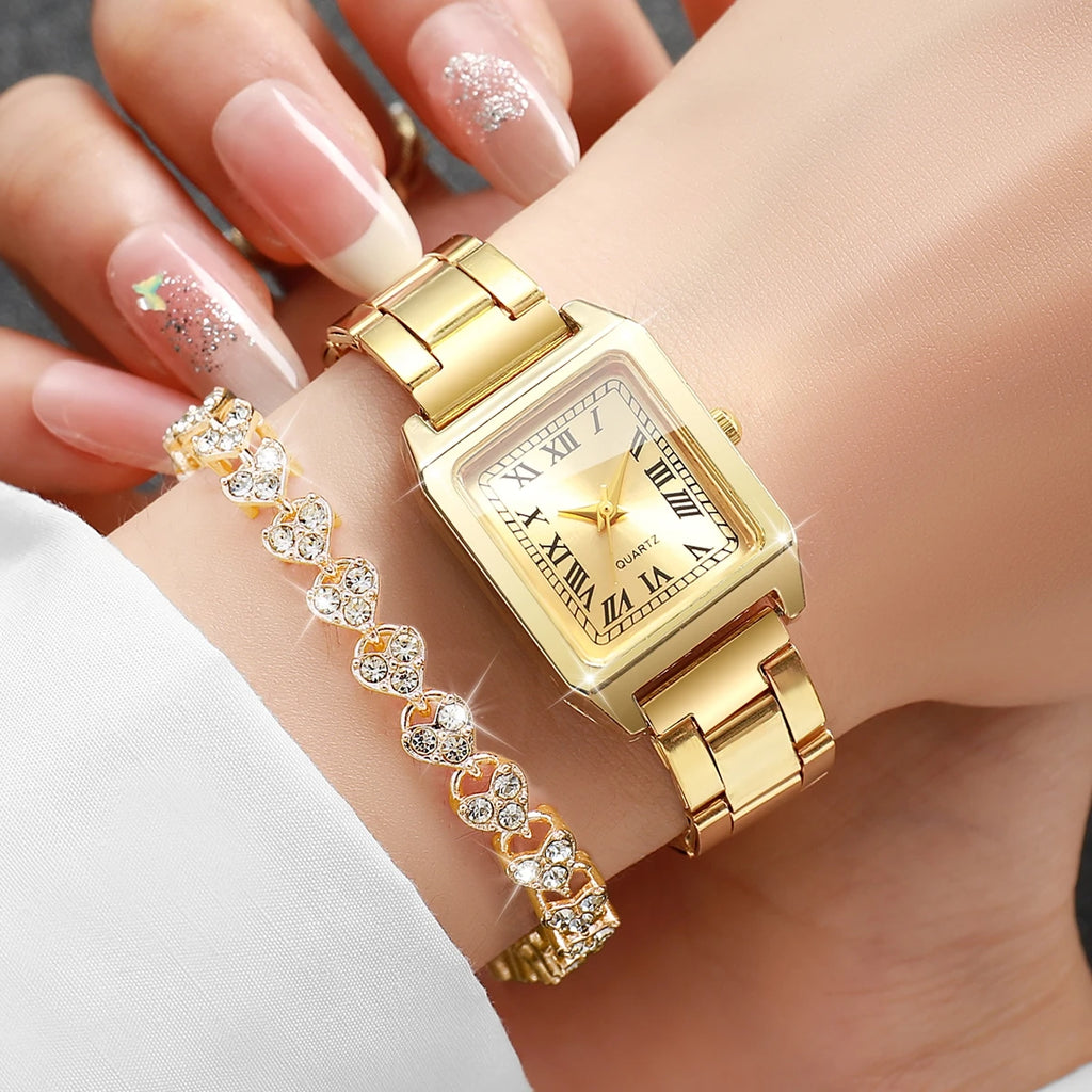 Luxury Gold Tone Women Square Quartz Watch Heart Shaped Crystal Qme