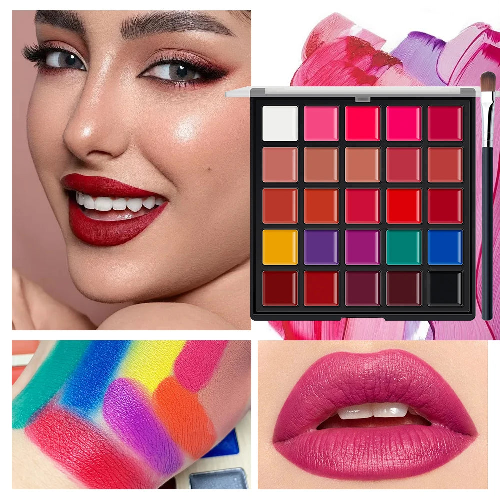 25 Colors Matte Lipstick Palette Lip Brush Long Lasting Waterproof Qme