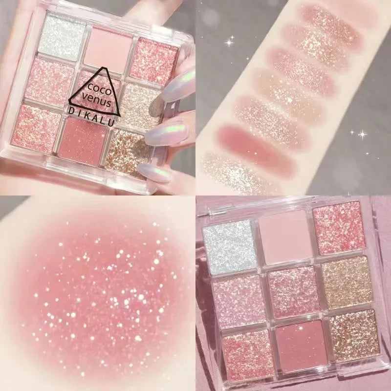 New Nine-color Eyeshadow Palette Rose Pink Color Pearly Matte Glitter Eyeshadow Pallete Shiny Eye Shadow Eye Pigments Qme 01