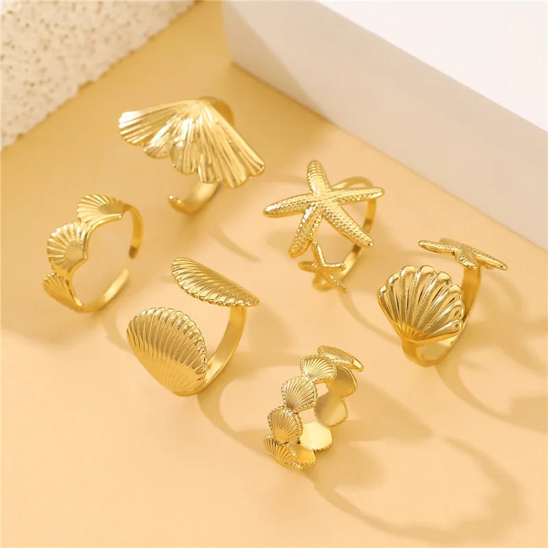 Ocean Starfish Shell Open Ring Set For Women Gold Color Stainless Steel Finger Rings Summer Beach Aesthetic Waterproof Jewelry Qme