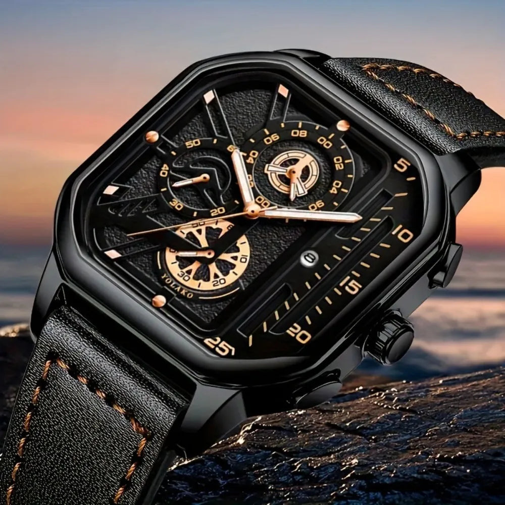 Luxury Square Case Men Chronograph Wristwatch, Multi-Subdial Hollow Dial Black Gold Accent Leather Strap Sport Business Quartz Qme