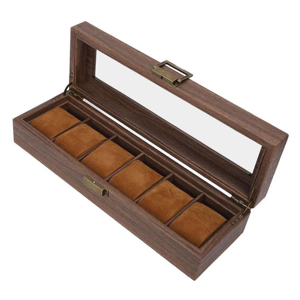 6 Slot Watch Storage Display Box Wood Grain PU Leather Lockable Wristwatch Protective Box Watch Protective Box Watch Display Box Qme