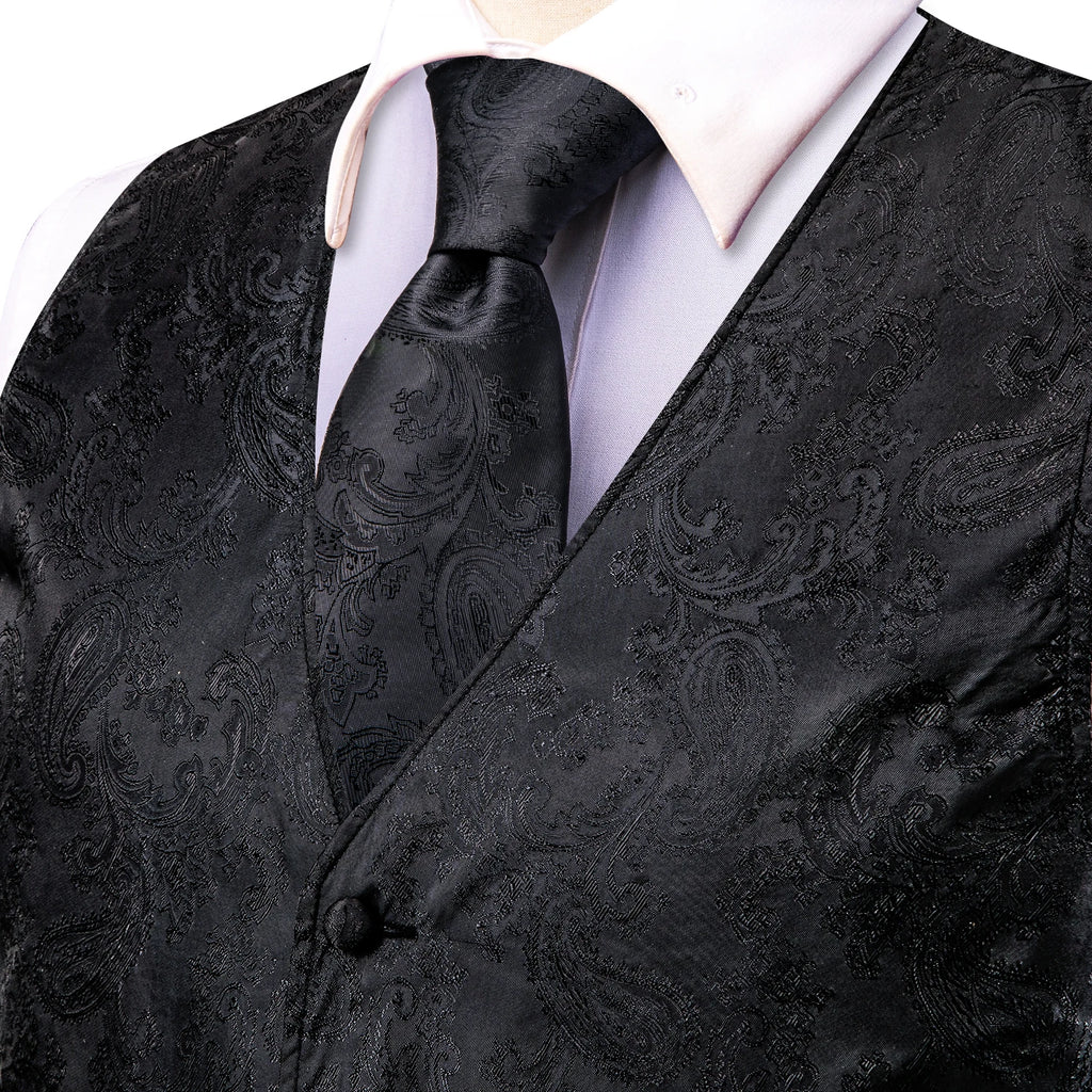 Hi-tie Silk Mens Suit Vests Woven Black Paisley Waistcoat Tie Pocket Qme
