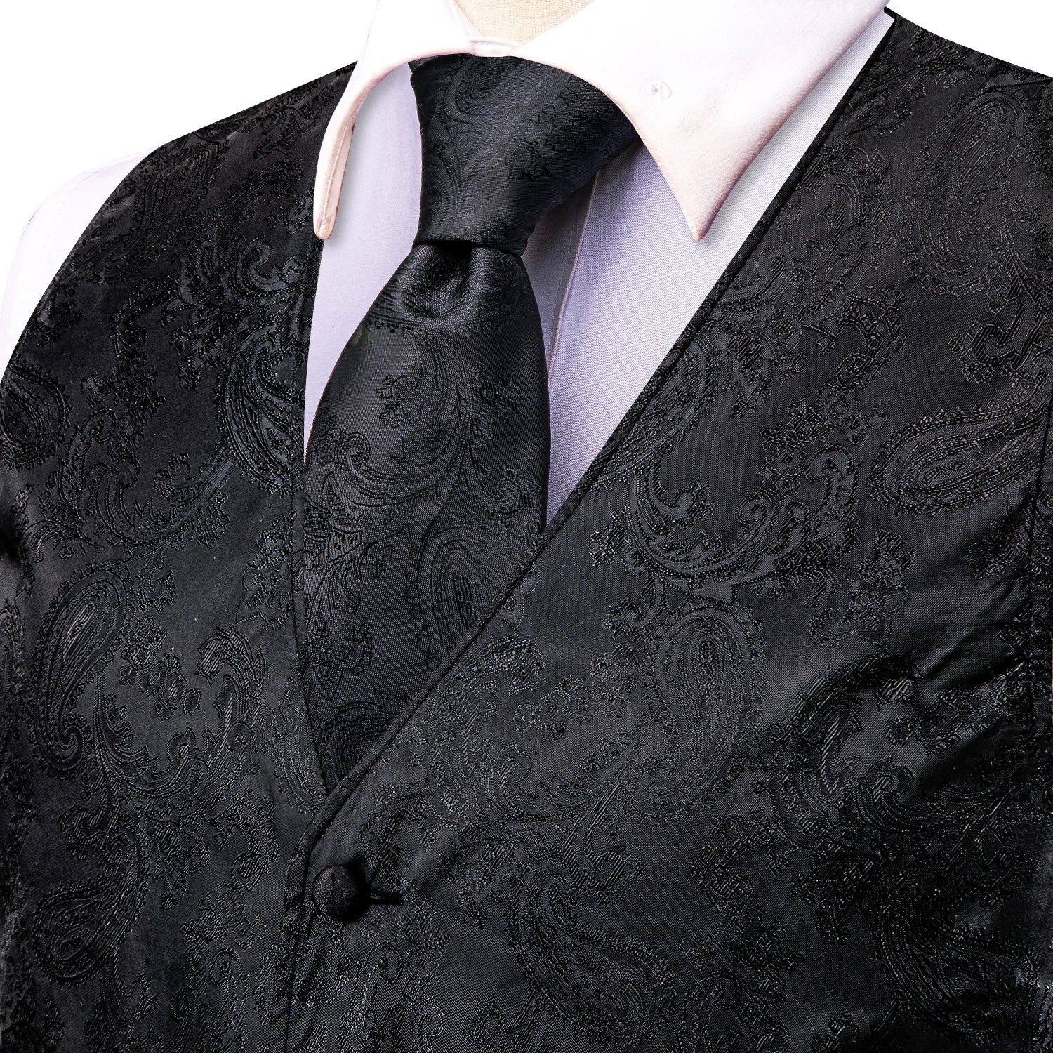 Hi-tie Silk Mens Suit Vests Woven Black Paisley Waistcoat Tie Pocket Qme