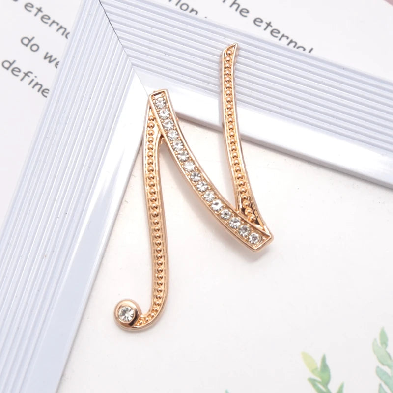 Women Luxury Letter Brooch Pins Gold Rhinestones Crystal English