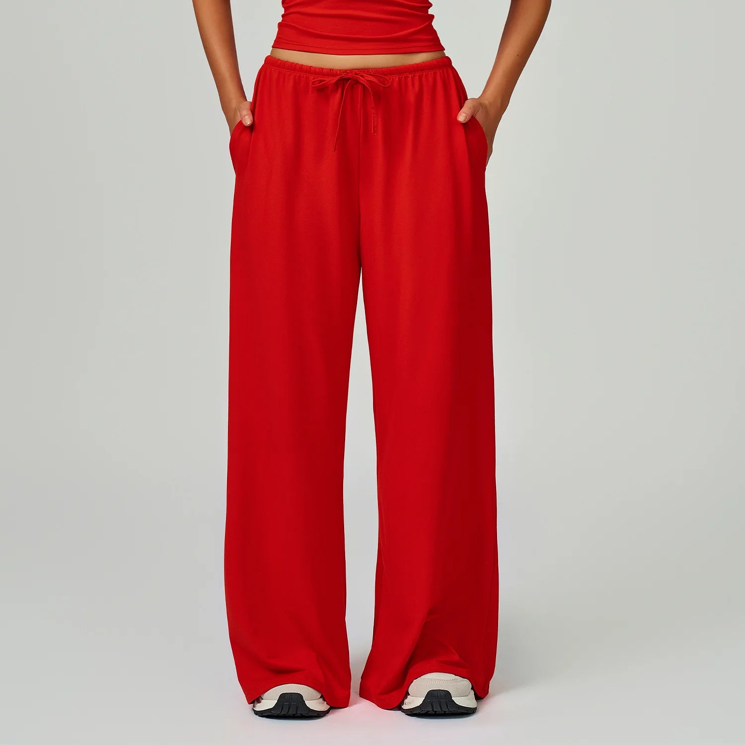 A Women Drawstring High Waist Sports Pants Quick Dry Full Length Wide Leg Yoga Trousers With Pockets For Workout Outdoor Use Qme Big red L