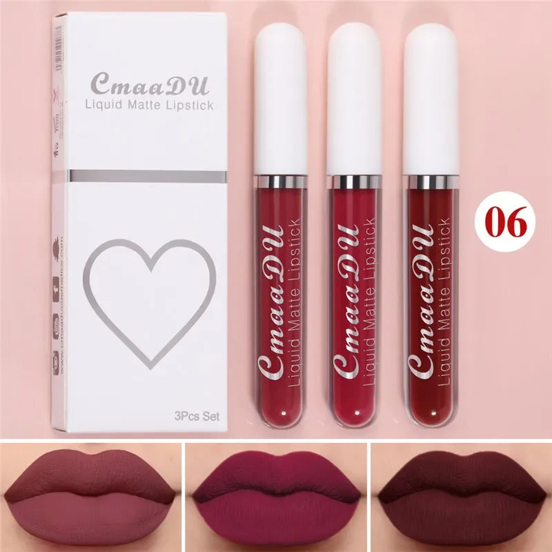 6 Colors/Set Fashion Matte Lip Gloss Sets Natural Moisturize Waterproof Lasting Velvet Sexy Red Liquid Lipstick Beauty Cosmetic Qme 06-3Pcs