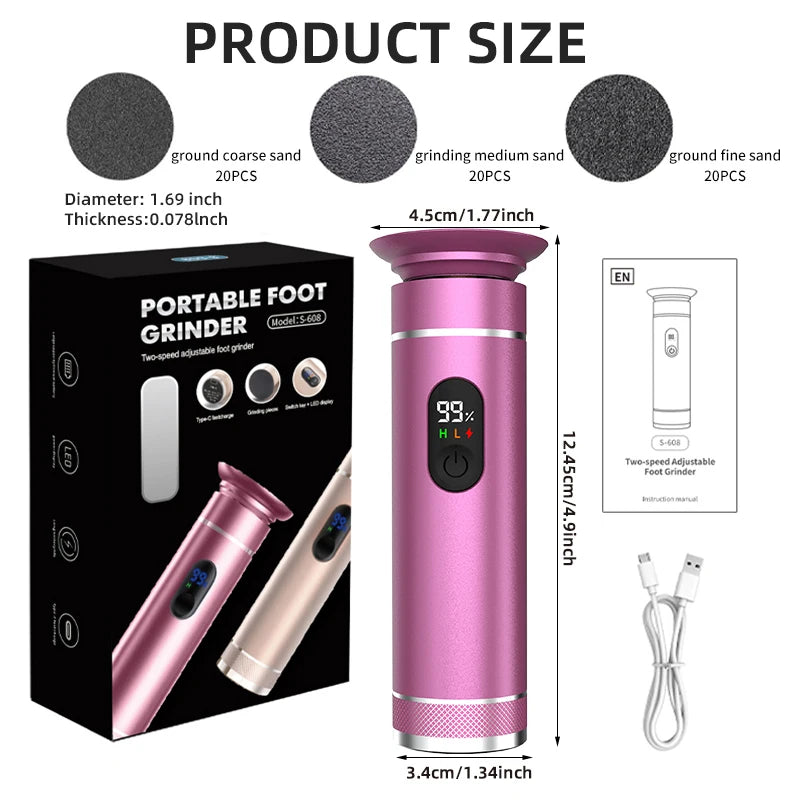 Aluminum Alloy Electric Foot Grinder For Feet - Dual Power Type-C/Battery, Callus & Dead Skin Remover Pedicure Tool Qme