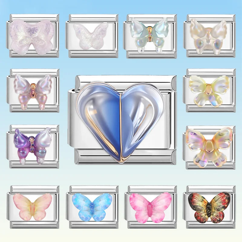 Fashion Colorful Y2K Heart Blue Purple Butterfly Italian Link Fit 9mm Stainless Steel Jewelry Making Charms Bracelets DIY Gifts Qme