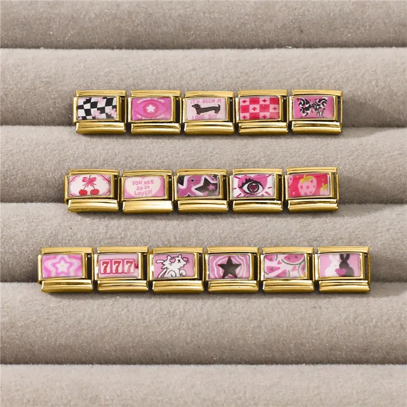 Y2K Pink Series Super Cute Cats Rabbits Tulip Lotus Cherry Golden Italian Charm Link Fit 9MM Stainless Steel Bracelet DIY Making Qme
