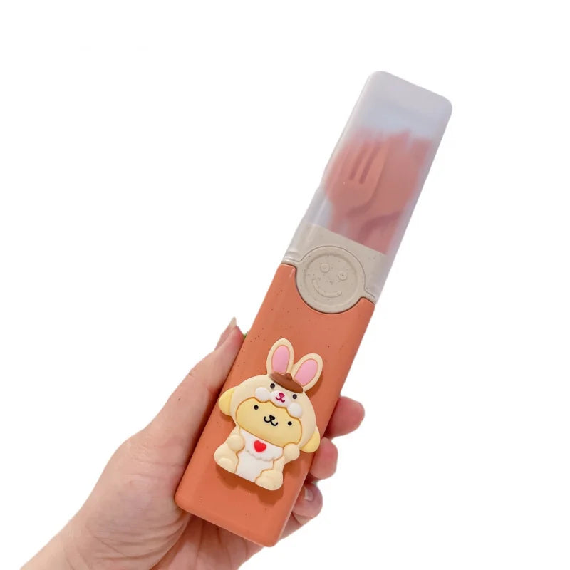 Hello Kitty Kuromi Portable Cutlery Set—Cartoon-Themed Set for Home and Travel, Includes Foldable Chopsticks, Spoon, and Fork Qme