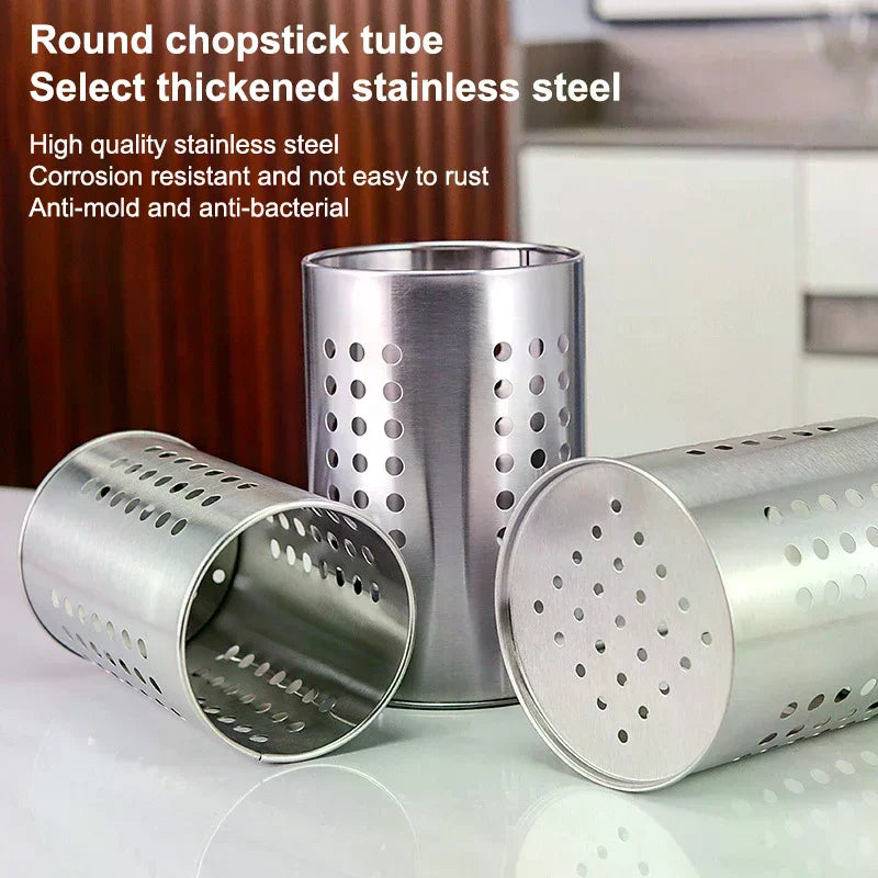 Stainless Steel Chopsticks Tube Tableware Bucket High-Capacity Kitchen Utensils Storage Round Hole Hollowed Out Drain Tube Qme