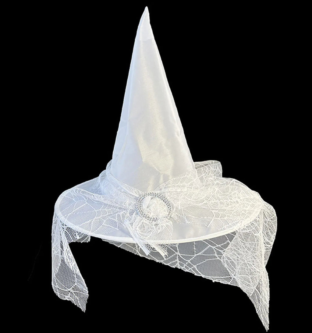 White Witch Hat with Veil Adult Halloween Party Cosplay Wizard Hat Girls Princess Dress Up Costume Accessory Performance Props Qme White