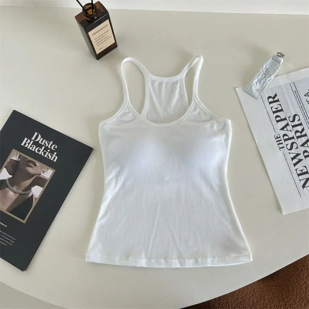 Women Underwear Wire-free Tank Crop Top Sexy Camisole Solid Color Chest Pad Tee American Retro Sleeveless Slim Tank Top Qme WT One Size