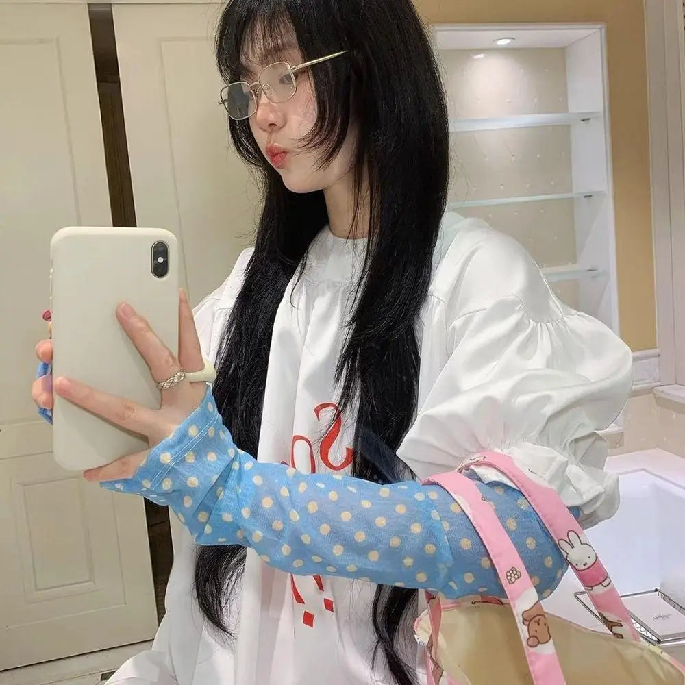 Korean Style Polka Dot Sunscreen Sleeves Mesh Loose UV Protection Sleeves Comfortable Breathable Outdoor Arm Covers Driving Qme