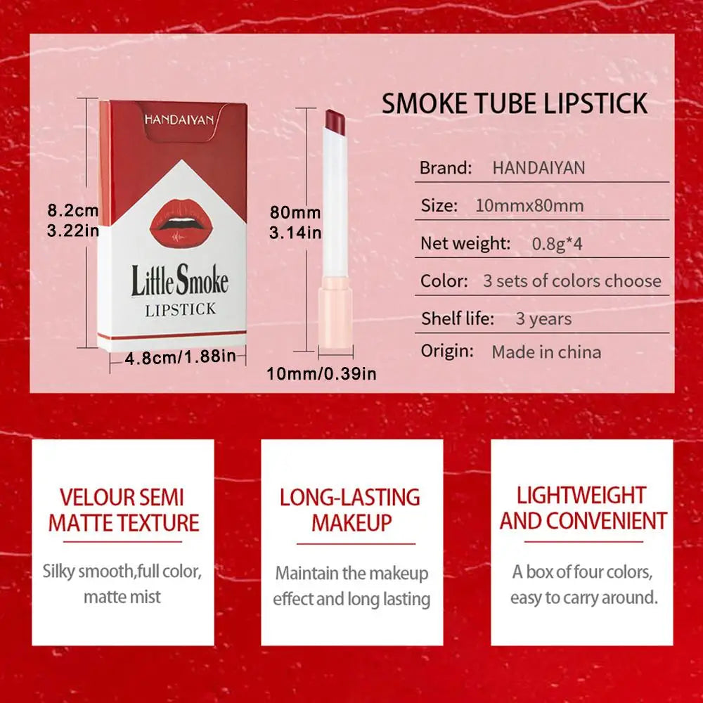 HANDAIYAN Set Of 4 Matte Lipstick Kit Cigarette Smoke Tube Lip Gloss Long Lasting Waterproof Nude Red Lip 24 Hour Lip Tint Stain Qme