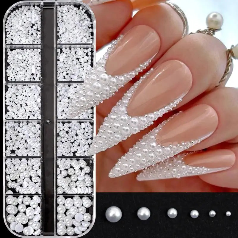 12 Grid Mixed Flat Bottomed Pearl Half Round Rhinestones Nail Jewelry Qme