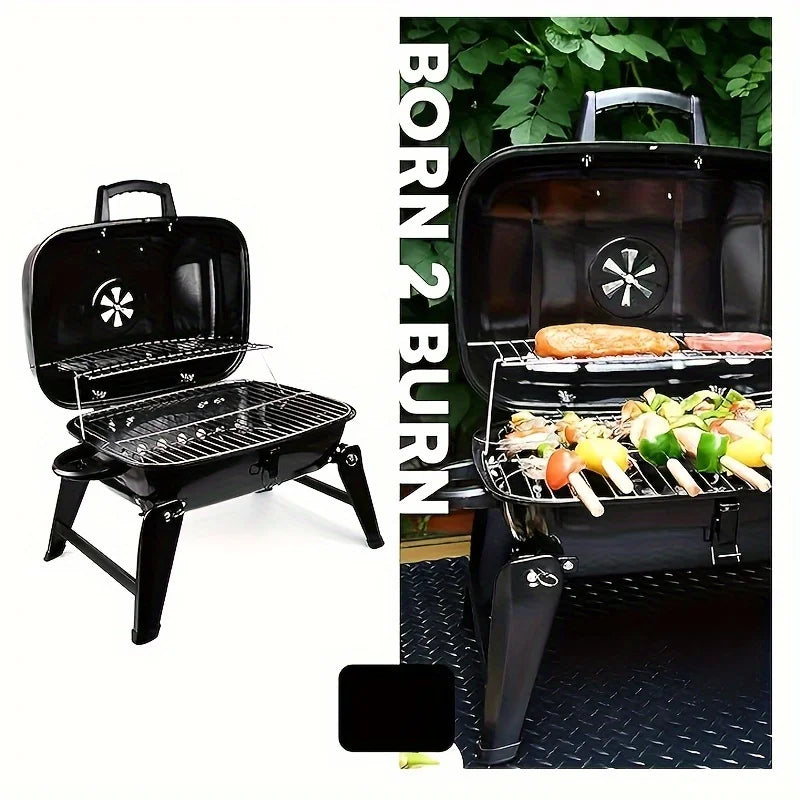 Portable Gas Grill with Lid 1 Burner Foldable Legs Small Propane Grill for Outdoor Cooking Camping BBQs Patios Gardens Qme