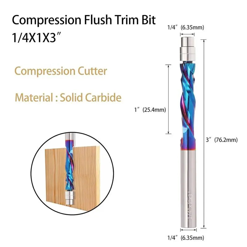 A02F-Up Down Cut Spiral Flush Trim Router Bit 2PCS, 1/4 Inch Shank 1 Inch Cutting Length Compression Qme