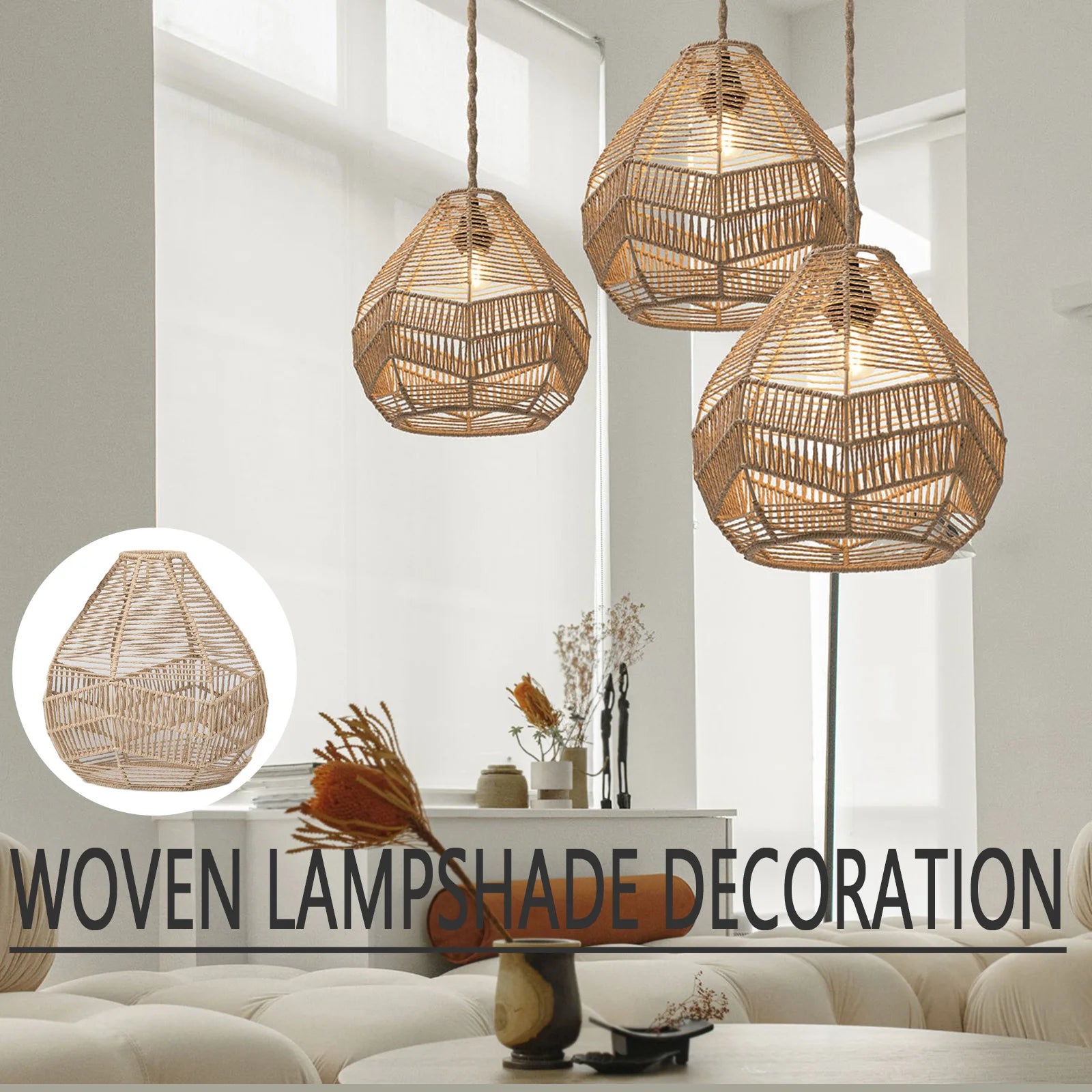 Nordic Modern Retro Hand-woven Lamp Shades atural Rattan Wicker Hanging Light Chandeliers Decorative Covers Qme