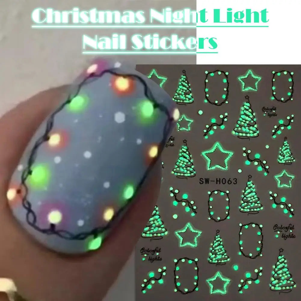 Christmas Nail Art Stickers Decals Luminous Xmas Stars Trees Nail Stickers Glow In Dark Christmas Light Nail Stickers Decoration Qme