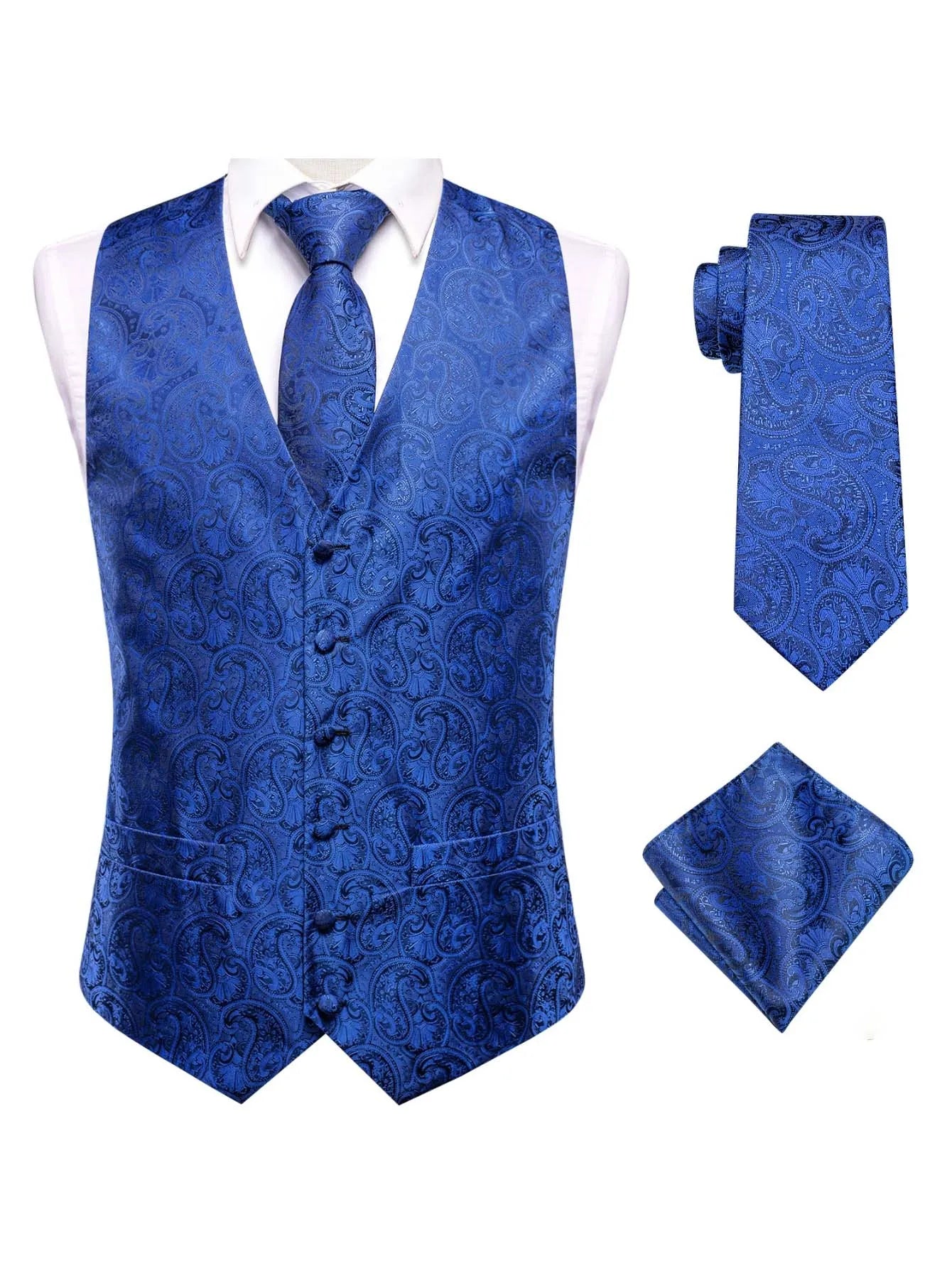 Blue Men Vest Three-Piece Suit Set, Dress Waistcoat with Tie and Pocket Square for Party Ceremony Qme MJ-3051 M