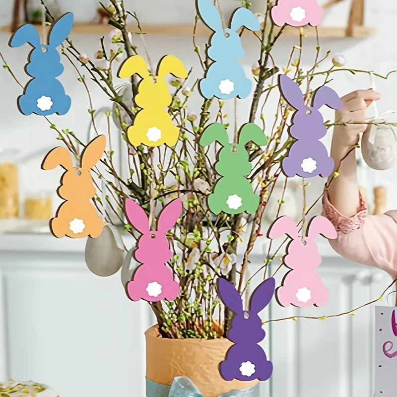 12Pcs colorful Easter bunny-shaped wooden pendants Christmas decorations, suitable for holiday decorations for themed party acti Qme