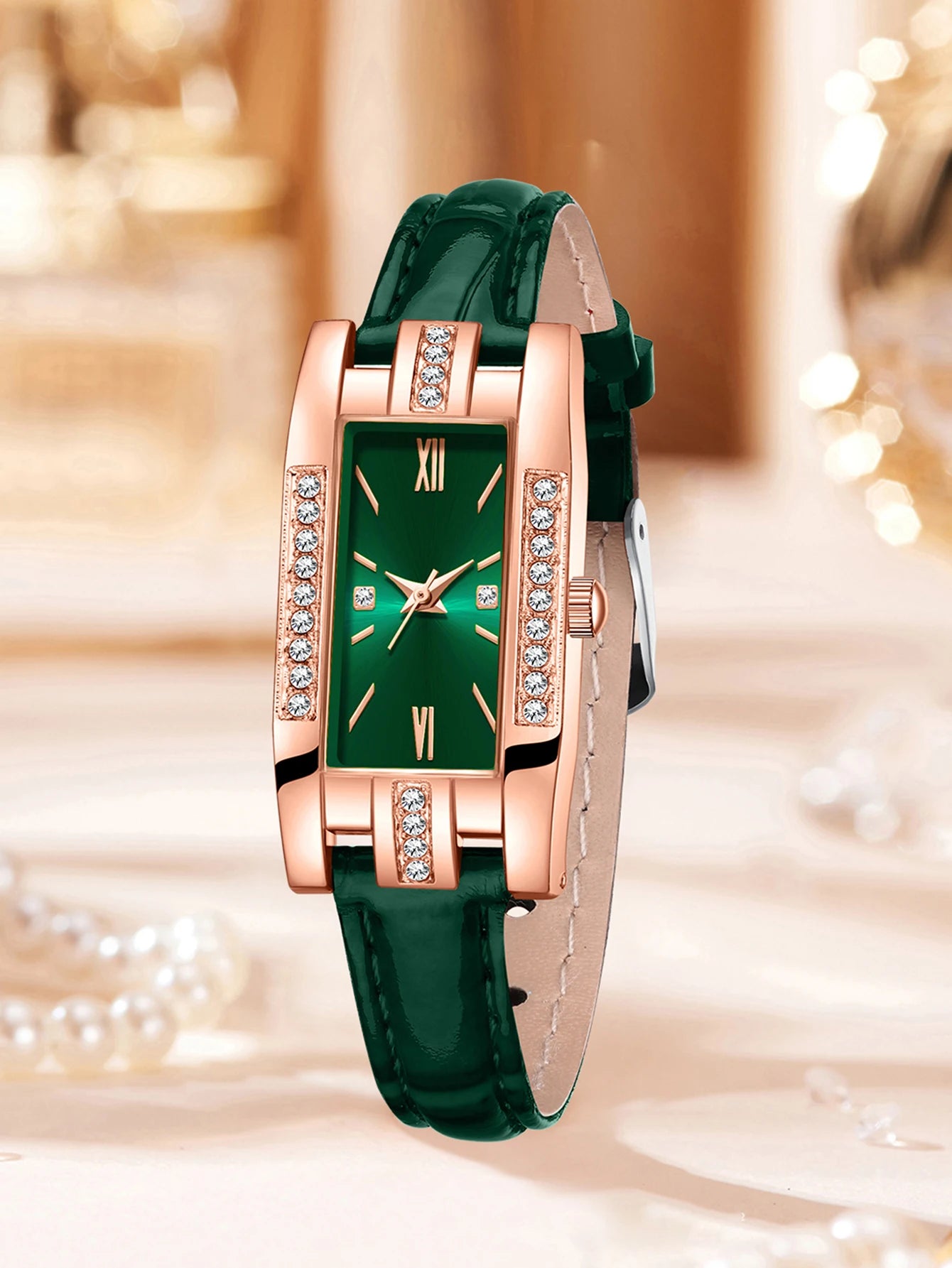 Rose gold diamond encrusted rectangular women's leather strap watch, available in red and green colors, vintage Roman stone watc Qme