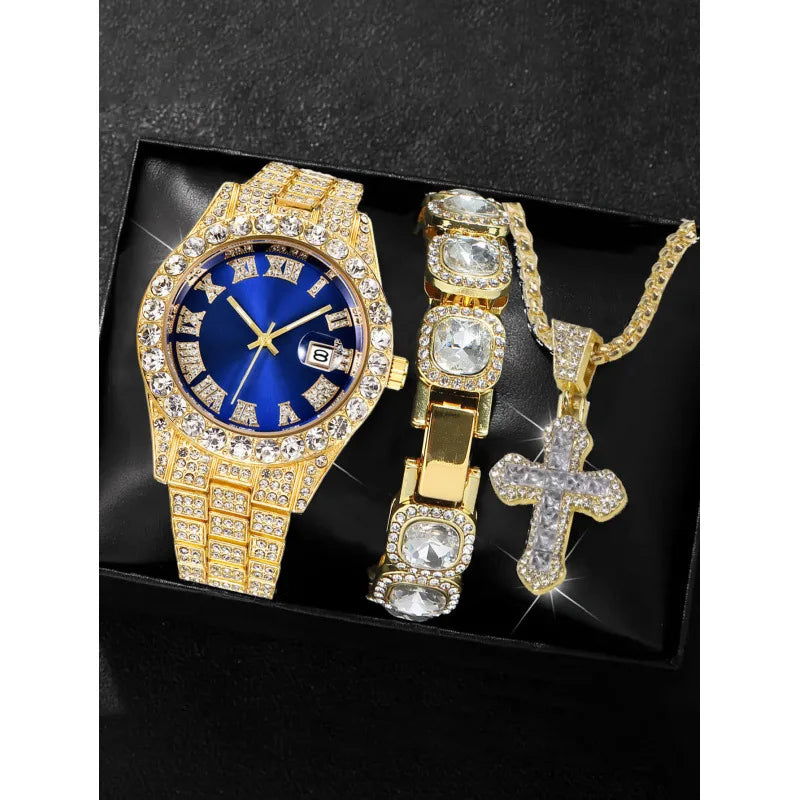 18 styles of hip-hop diamond studded quartz watches, sugar bracelets, cross necklaces, men's large dial set Qme Blue
