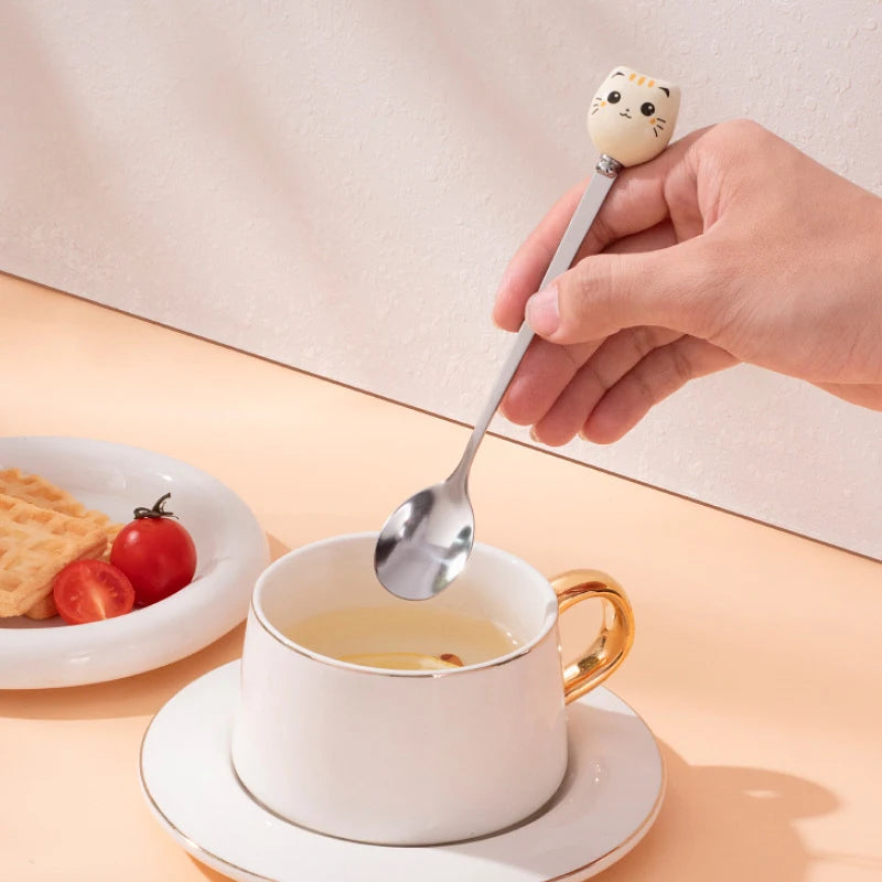 Coffee Dessert Spoons Flatware Kitchen Tools Stainless Steel Long Cat Qme