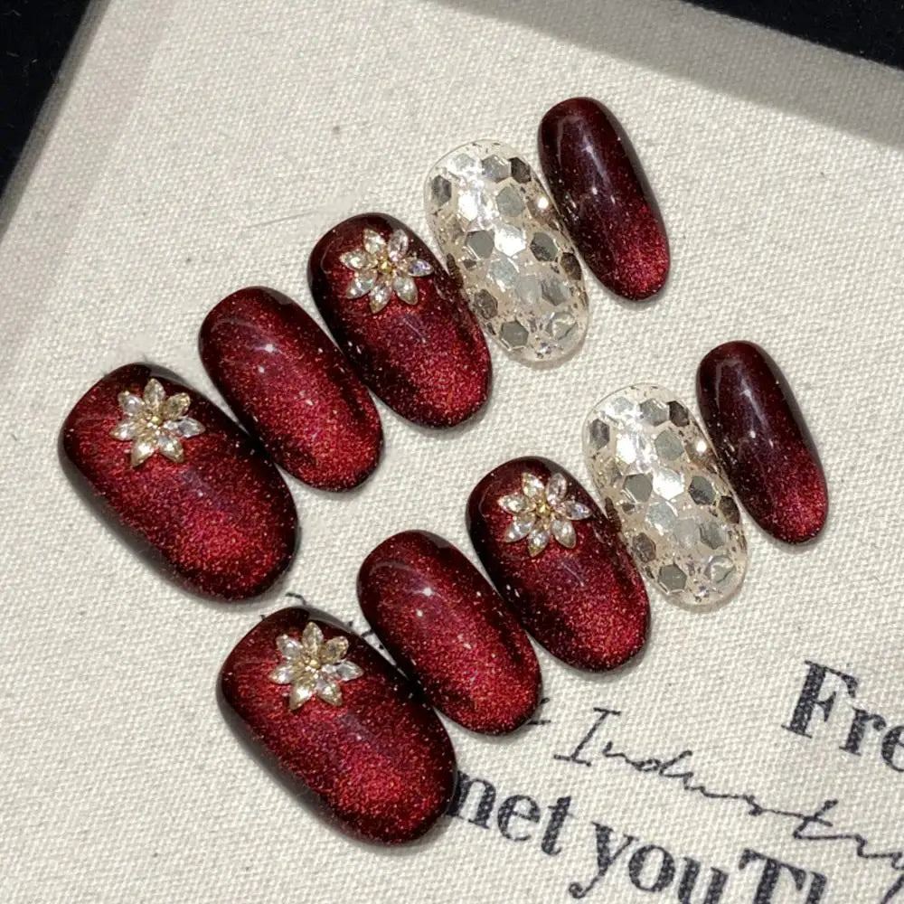 Red Cat Eye Handmade Press Nails Diamond Flower Flash Fake Wearable Qme