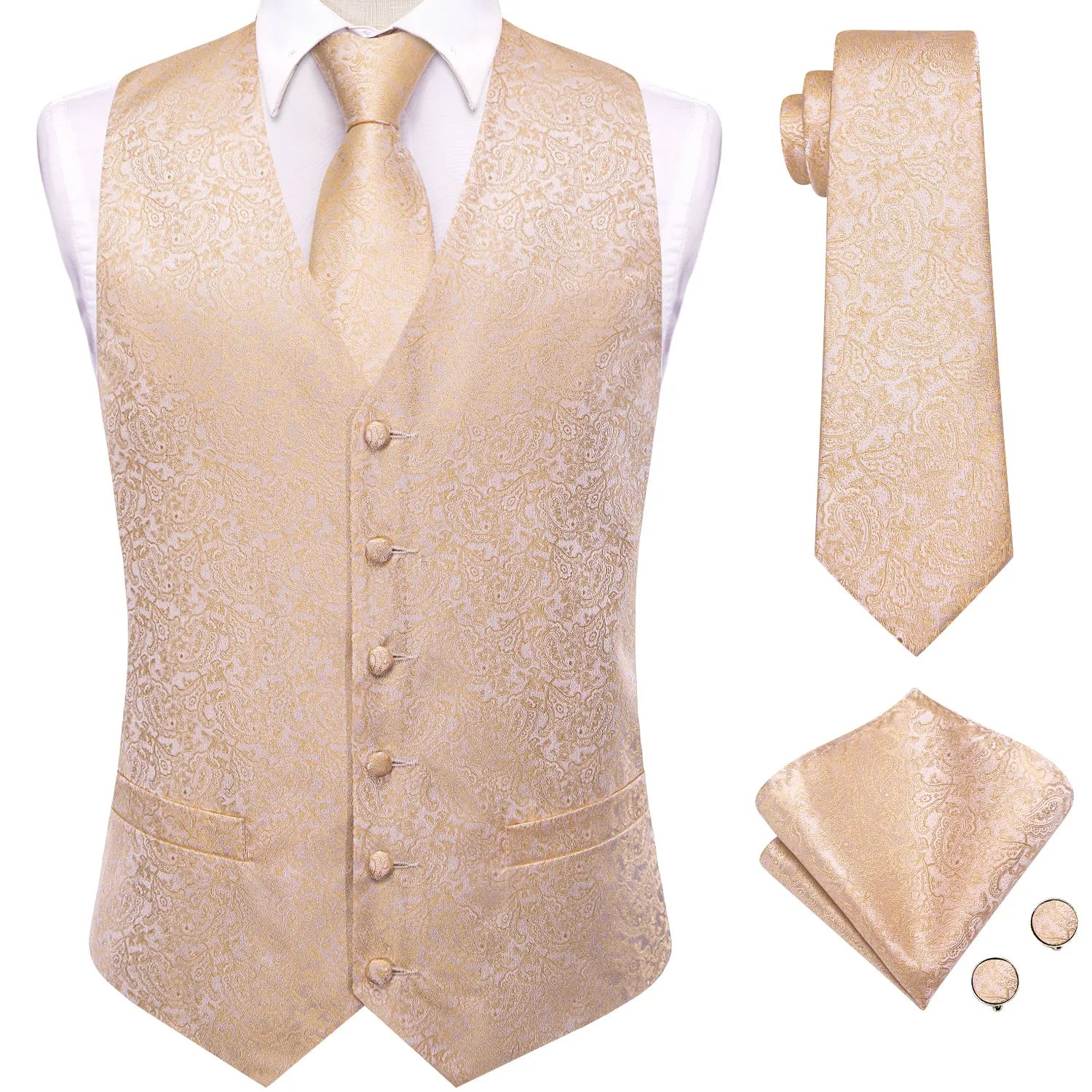 Men's Paisley Vest Tie Hanky Cufflinks Formal Mint Green Beige Qme MJ-3528 S