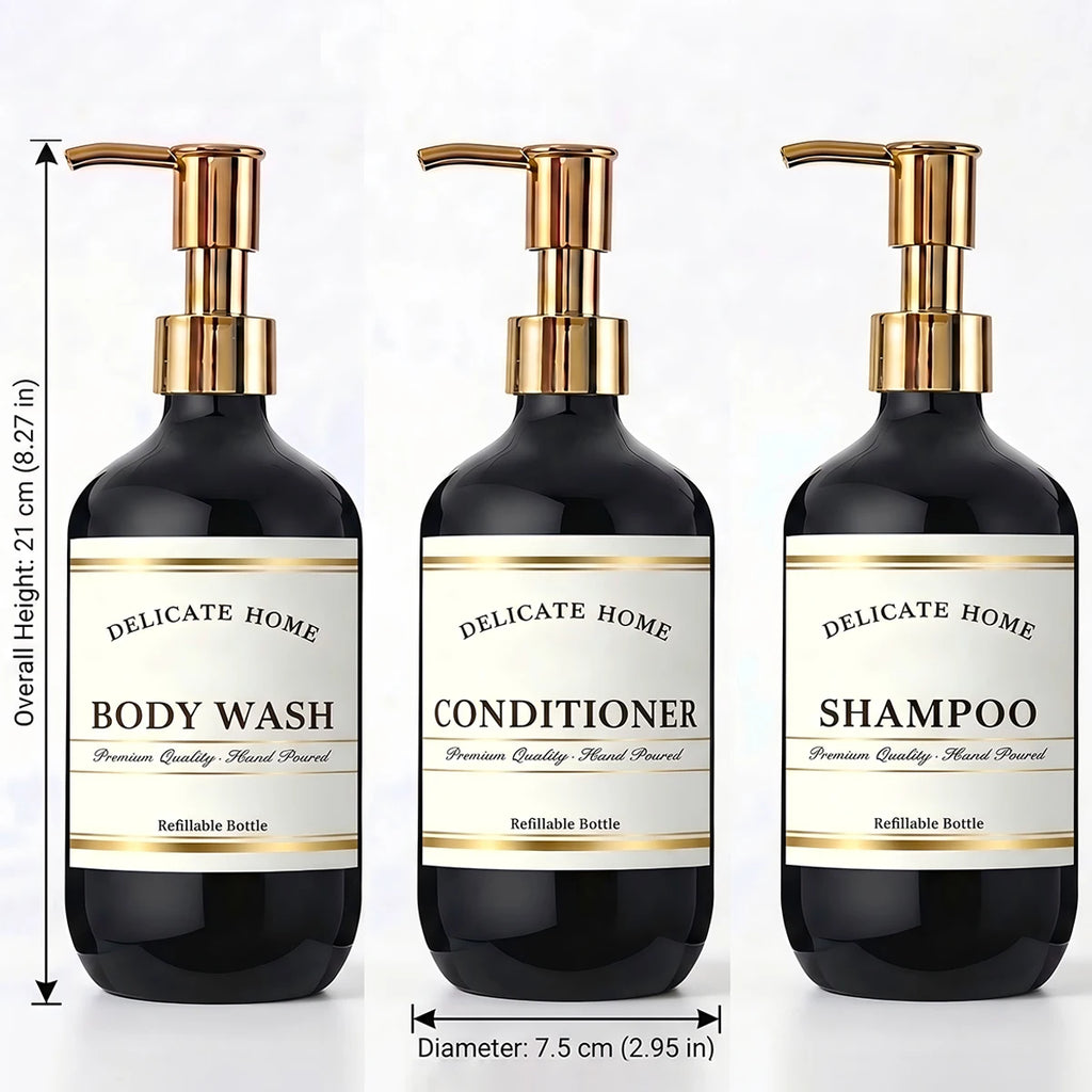 Black Refillable Shower Bottles Set, 3 Pack 16.9oz Plastic Pump Bottles Shower Dispensers for Shampoo Conditioner, Body Wash Qme