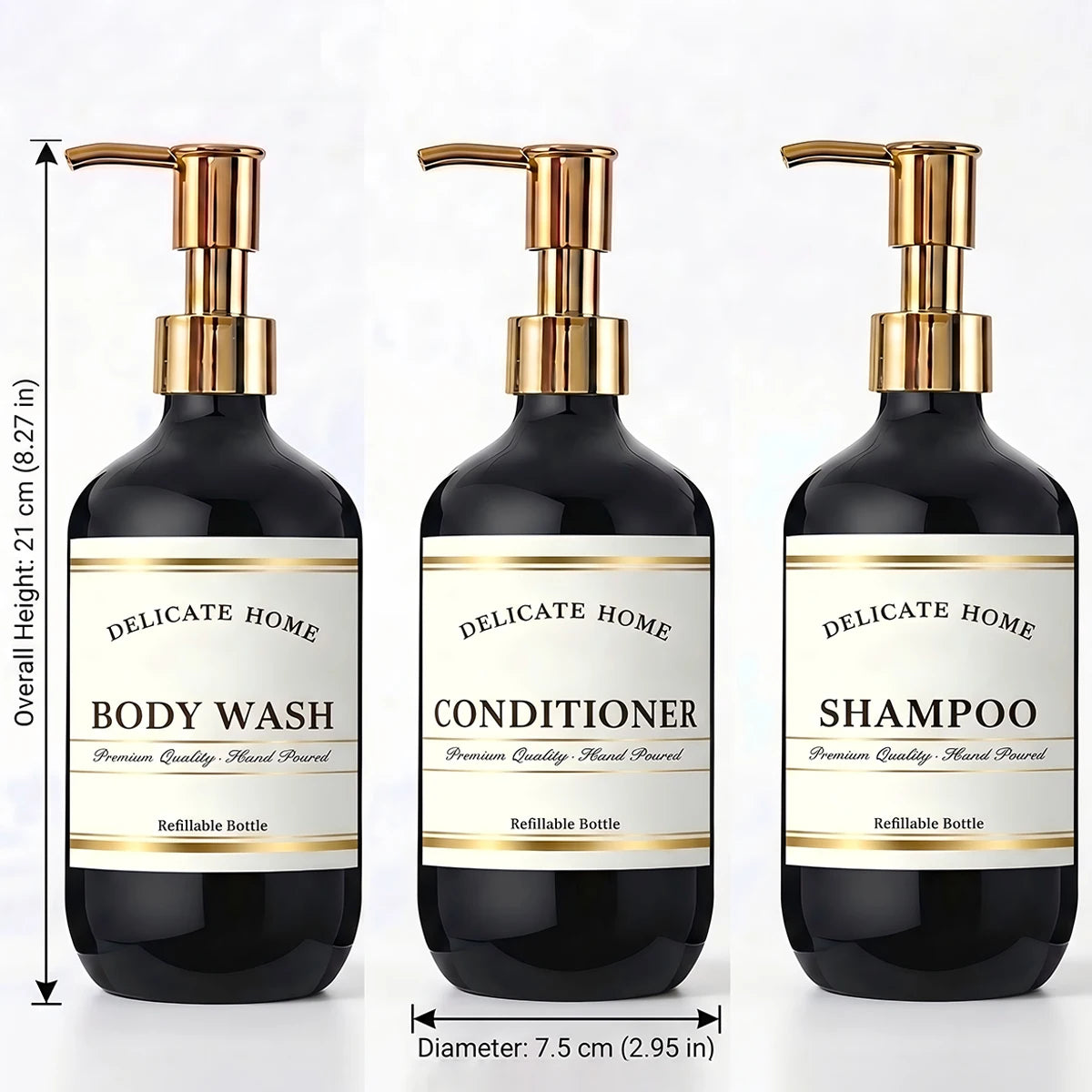Black Refillable Shower Bottles Set, 3 Pack 16.9oz Plastic Pump Bottles Shower Dispensers for Shampoo Conditioner, Body Wash Qme
