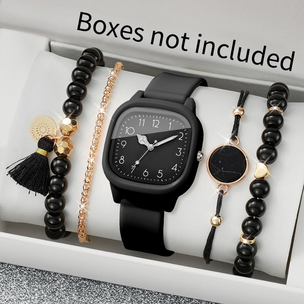 Women 4 In 1 Watch Bracelet Set Square Silicone Quartz Watch Black Bead Tassel Stack Bracelets Casual Ladies Wristwatch Gift Qme Black Set No Box