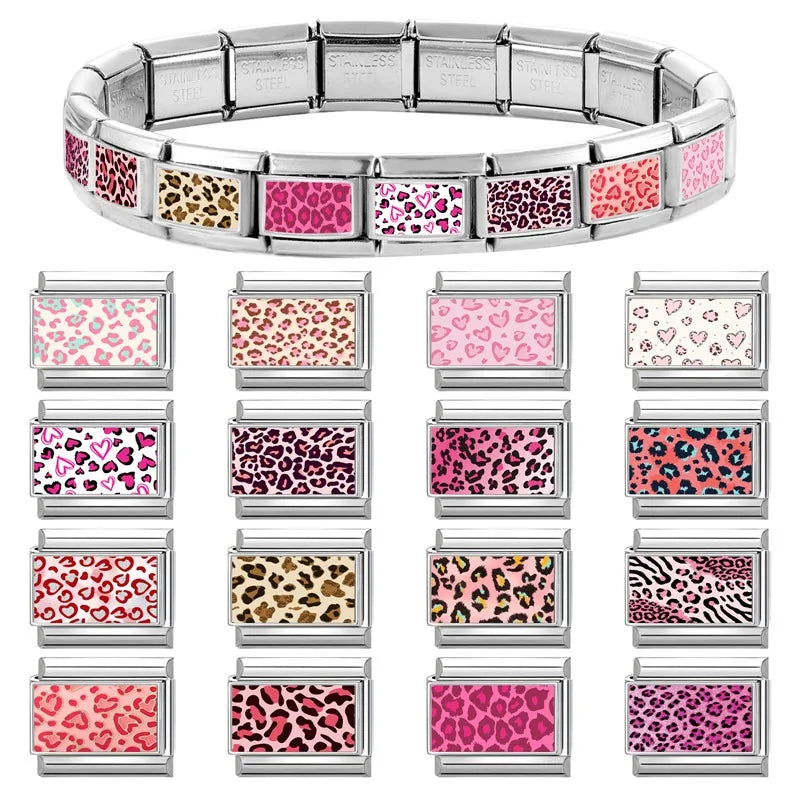 Fashion Pink Color Y2K Leopard Print Love Heart Butterfly Italian Charm Links Fit 9mm Stainless Steel Bracelet DIY Making Gifts Qme