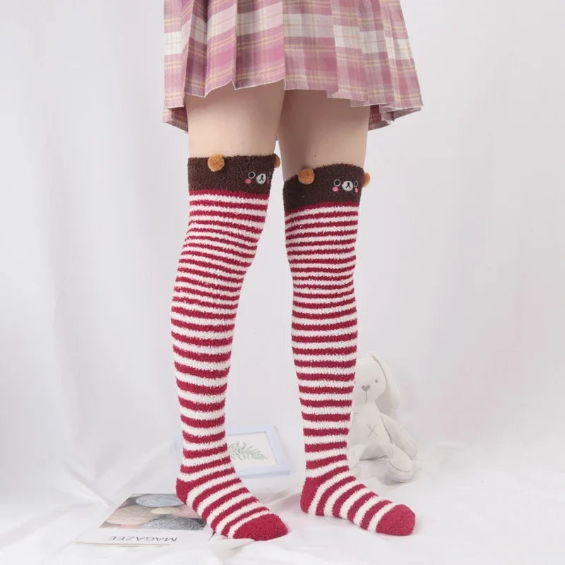Women Lolita Cute High Socks Harajuku Winter Striped Coral Velvet Long Socks Warm Thicke Knee Length Socks Home Towel Stockings Qme B One Size