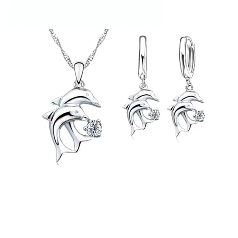 925 Sterling Silver Color Bridal Jewelry Sets Dolphin Design Crystal Necklaces Hoop Earrings Women Girls Engagement Anniversary Qme Default Title