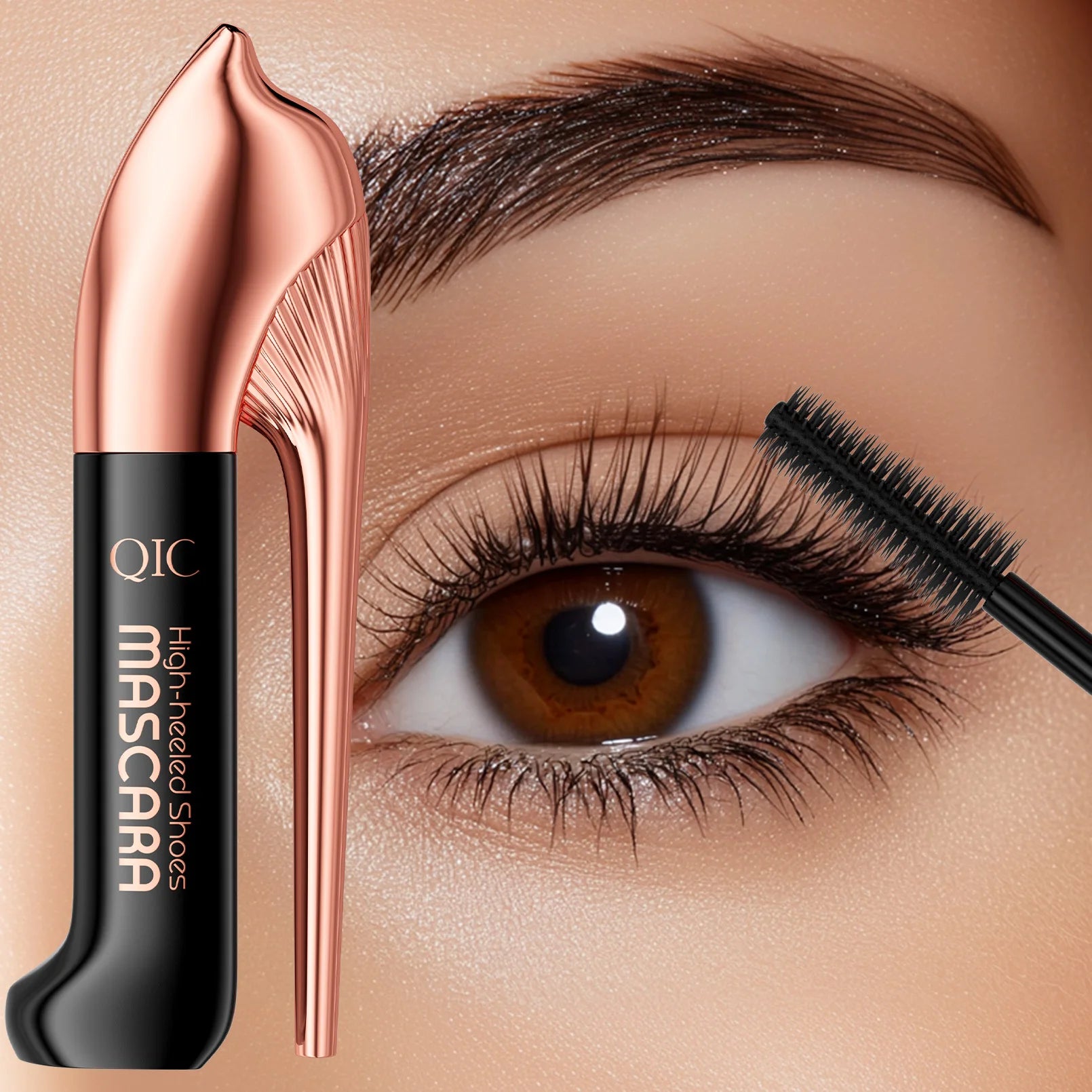 QIC High-heeled Shoes Mascara 3D Fiber Mascara, Long Black Volumizing Eyelash Extension, Waterproof Eye Makeup Tool Qme