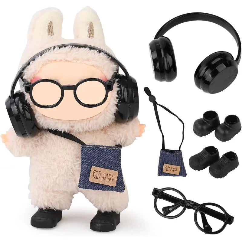 Suitable for LABUBU15-17cm dolls, 4 pairs of headphones, glasses, backpacks, shoes, interesting accessory decorations Qme black