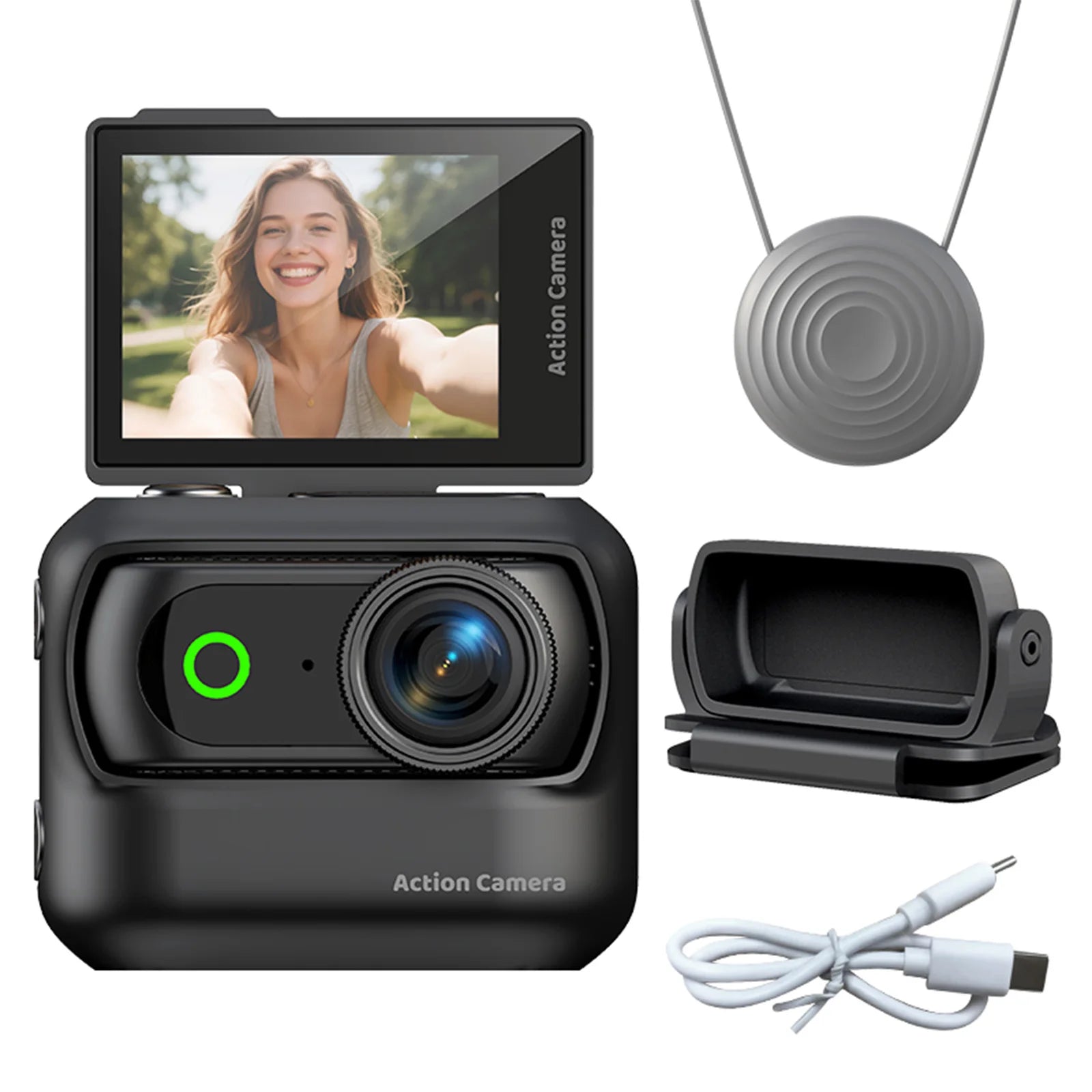 Compact Panoramic Action Camera Anti-Shake Portable Outdoor Travel Camera With Magnetic Neck Strap for Vlog Recording & Selfie Qme Black