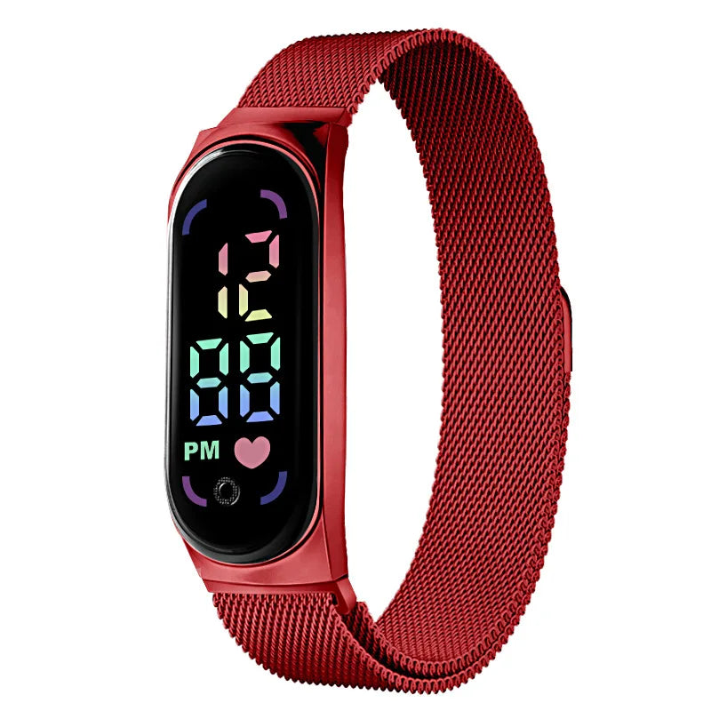 New Magnetic LED Electronic Watch, Student Sports Alloy Bracelet, Gift Children's Electronic Watch Qme Red