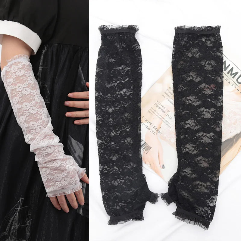Women Lace Arm Cover Sleeve Fishnet Mittens UV Protection Cuffs Qme