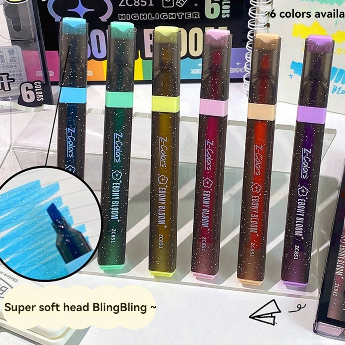 6Pcs Glitter Highlighter Pens Chisel Tip Sparkly Shiny Markers for Ceramic Fabric Scrapbooking DIY Crafts Coloring Art Supplies Qme
