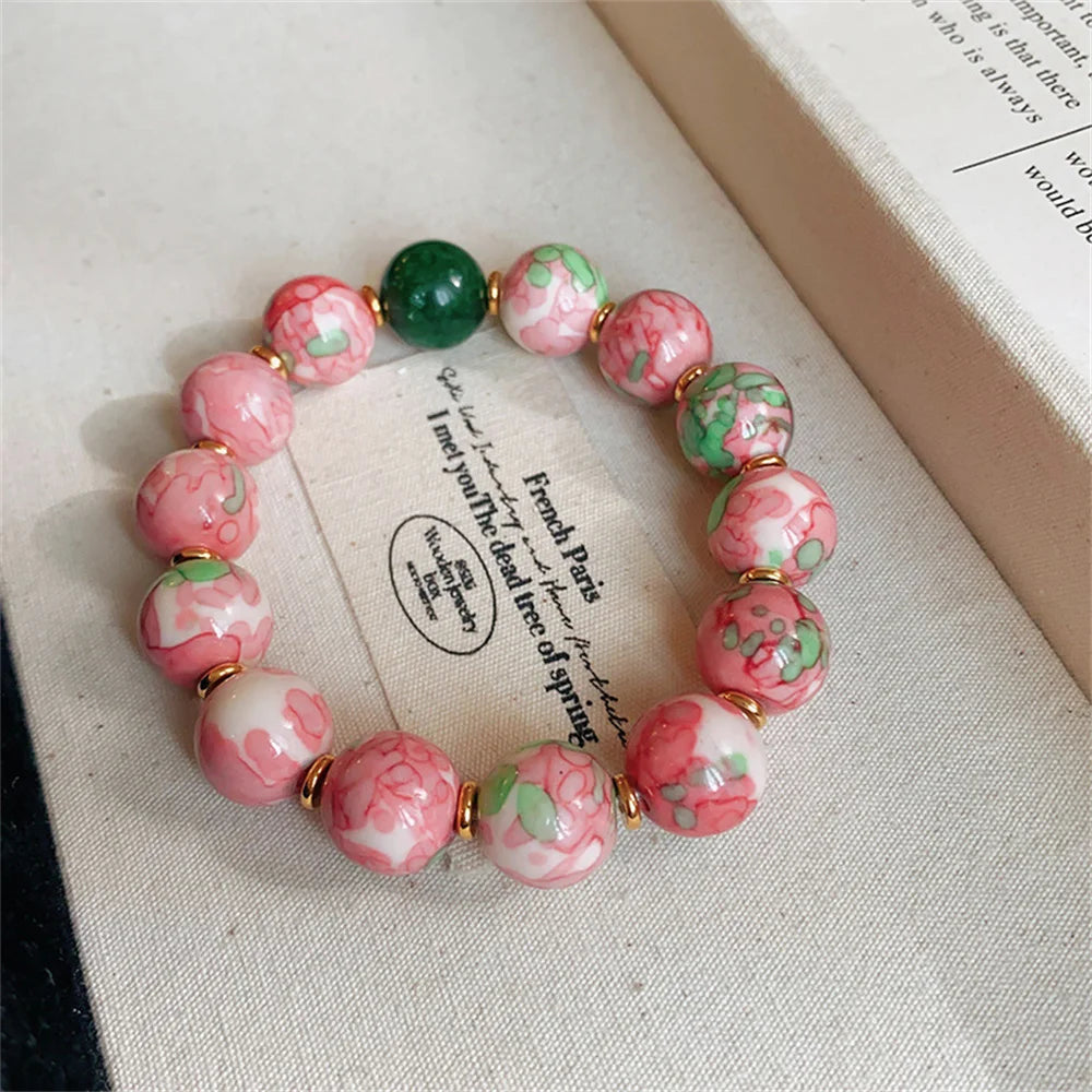 New Fashion Chinese Style Electroplated Pink Peach Blossom Series Ceramic Bead Bracelet Geometric Retro Luxury Design Bracelet Qme 1