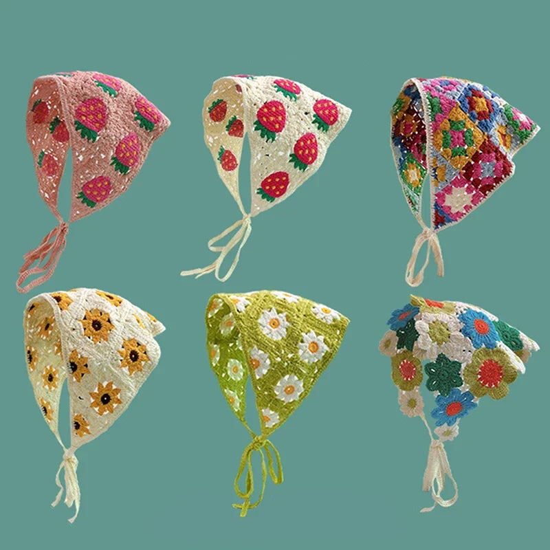 Korean Sweet Cute Handmade Crochet Hollow Triangle Headband Towel Women Spring and Summer Travel Literary Photo Hair Scarf Qme