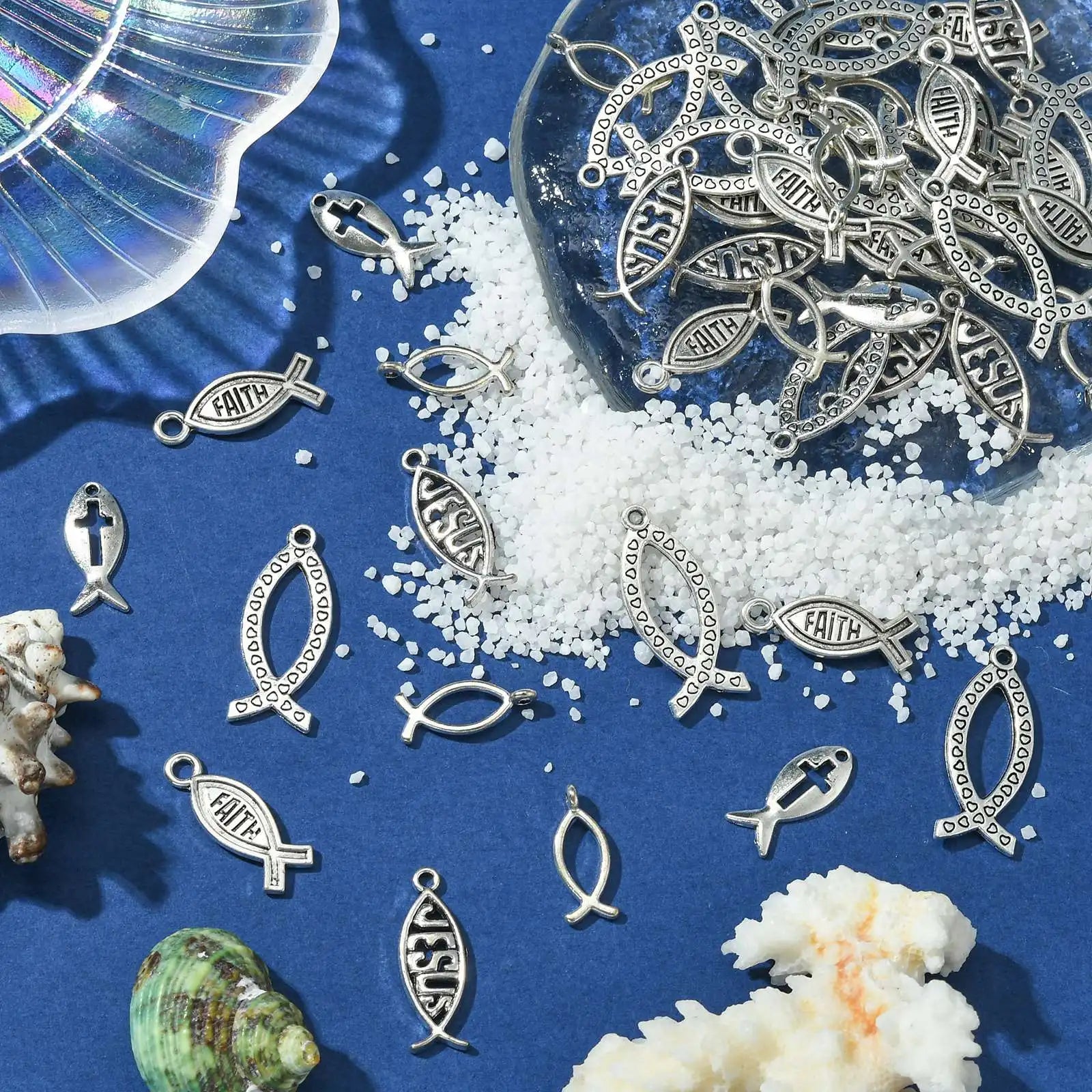 Pandahall 100Pcs 5 Styles Easter Theme Tibetan Jesus Fish Charms Antique Silver Color Christ Fish Pendants for Jewelry Making Qme